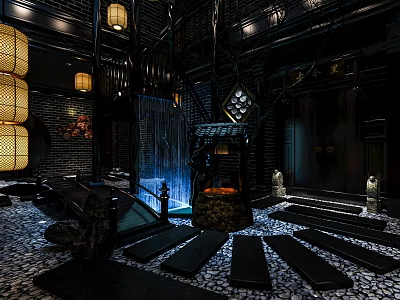 Chinese Style KTV Lobby With Traditional Lanterns Wooden Structure Water Feature And Stone Path 3d model