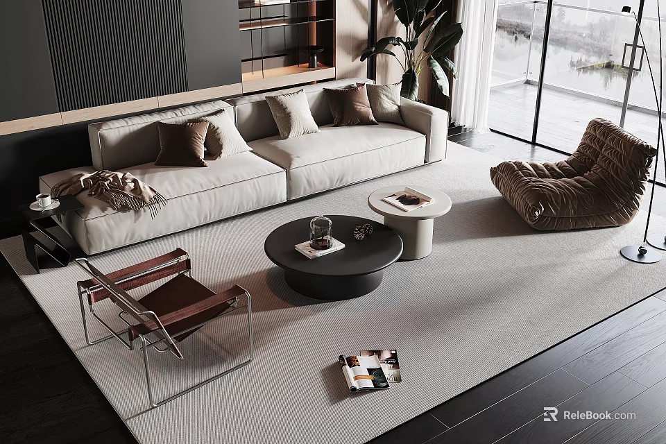 Modern Beige Sofa And Coffee Table Set With Pillows Rug And Accent Chairs 3d model 