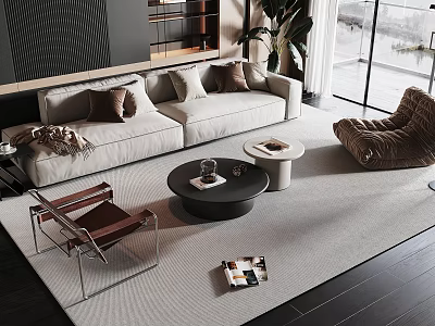 Modern Beige Sofa And Coffee Table Set With Pillows Rug And Accent Chairs 3d model