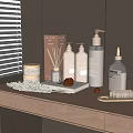 Daily Washing Essentials On Wooden Countertop With Pump Bottles Aromatic Diffuser And Decorative Items