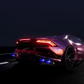 Purple Sleek Modern Sports Car With Shining Headlights On Night Road
