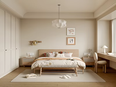 Cozy Bedroom Interior With Wooden Bed Wardrobe Pendant Light And Decorative Paintings 3d model