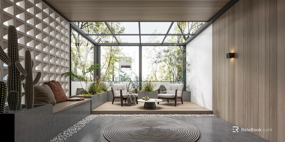 Modern Villa Balcony With Glass Roof Outdoor View And Cozy Furniture 3d model 