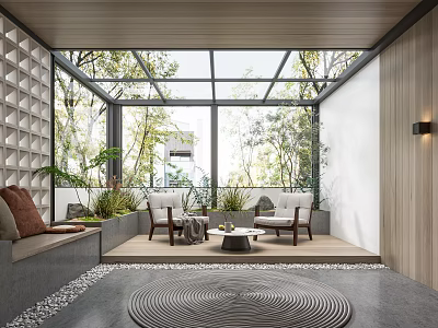 Modern Villa Balcony With Glass Roof Outdoor View And Cozy Furniture 3d model