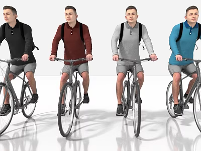 Men cycling in different colored tops with backpacks and shorts on bicycles 3d model