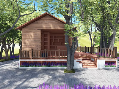 Rustic Wooden Cabin Surrounded by Lush Green Trees With Front Deck and Lavender Plants 3d model