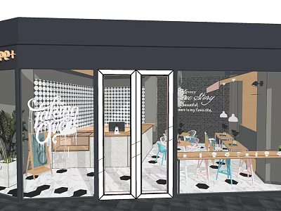 Modern Milk Tea Shop Interior Design With Glass Doors Tables And Decorations 3d model