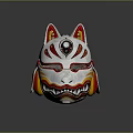Traditional White Fox Mask With Red Yellow Patterns Pointed Ears And Sharp Teeth 3d model