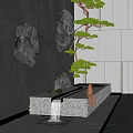 Natural Stone Water Fountain With Hanging Rocks Pine Tree And Flowing Water