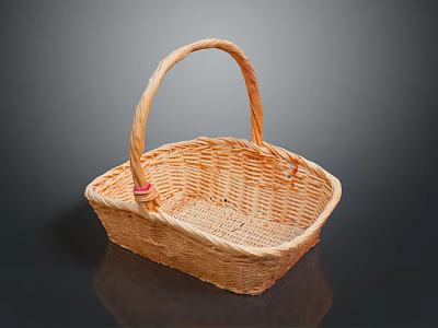 Light Brown Woven Pet Basket With Curved Handle On Dark Background 3d model