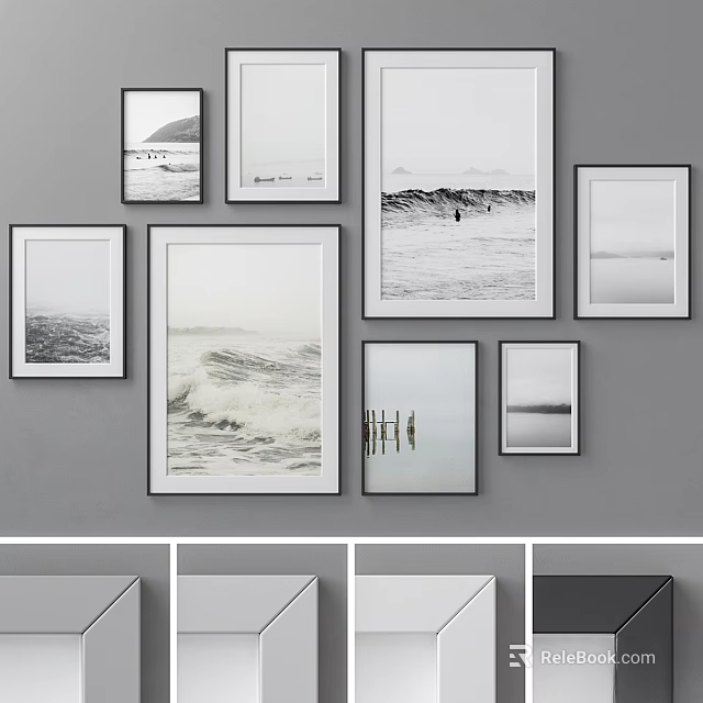 Multiple Black And White Photo Frames With Coastal Scenes On Gray Wall 3d model
