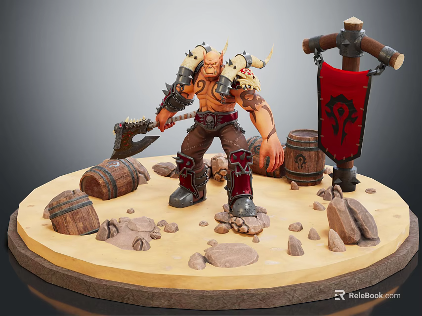 Horned Fantasy Warrior Character Wielding Axe With Barrels Banner And Stones On Diorama Base 3d model 