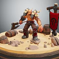 Horned Fantasy Warrior Character Wielding Axe With Barrels Banner And Stones On Diorama Base