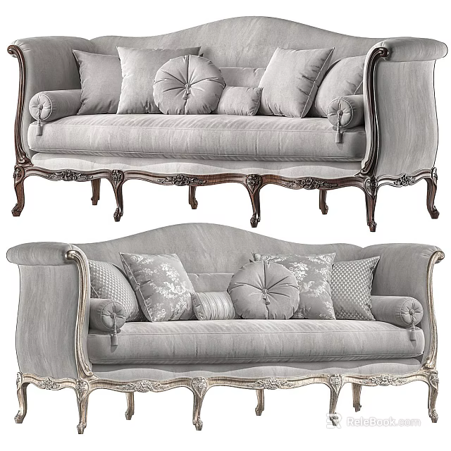 Classical Elegant Sofa Design Featuring Gray Fabric Carved Wooden Legs And Decorative Pillows 3d model 