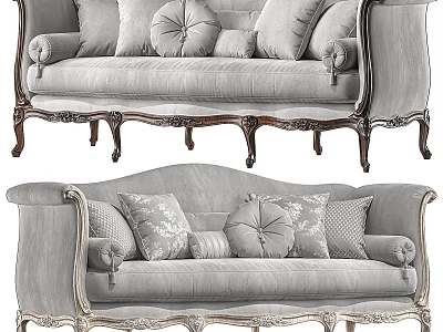 Classical Elegant Sofa Design Featuring Gray Fabric Carved Wooden Legs And Decorative Pillows 3d model