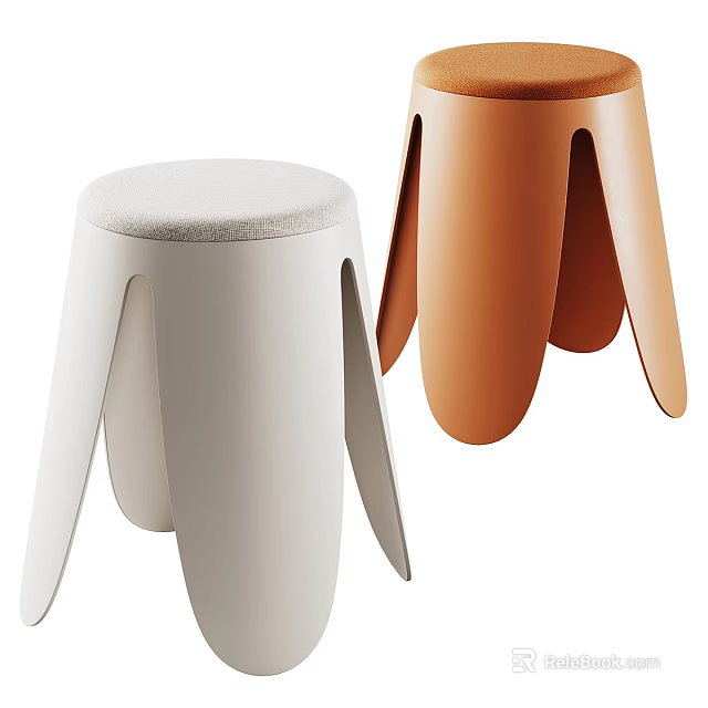 Modern White and Orange Stools with Upholstered Seats and Petal Shaped Legs 3d model 