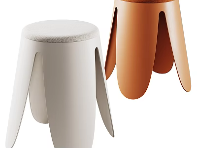 Modern White and Orange Stools with Upholstered Seats and Petal Shaped Legs 3d model