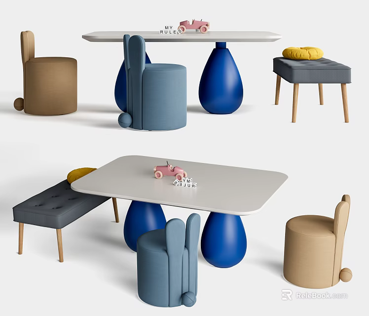 Colorful Kids Table With Blue Brown Chairs And Toy Car Building Blocks 3d model 