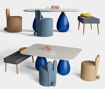 Colorful Kids Table With Blue Brown Chairs And Toy Car Building Blocks 3d model