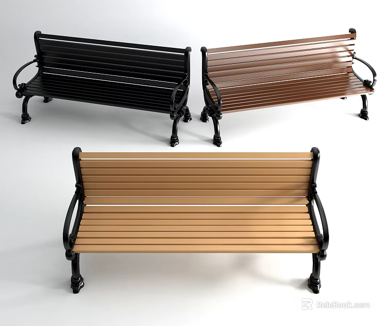 Outdoor Bench with Wooden Slats Metal Frame in Black Brown Light Wood Tones 3d model 