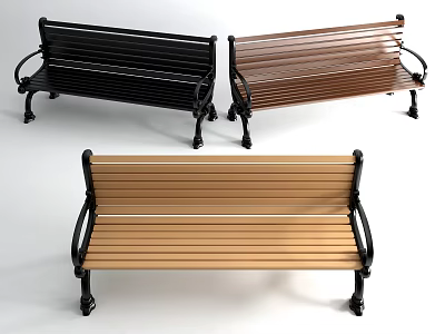 Outdoor Bench with Wooden Slats Metal Frame in Black Brown Light Wood Tones 3d model