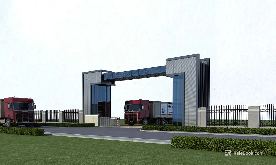 Modern Entrance Gate With Gray Pillars Blue Beam Red Truck White Fence And Green Lawn 3d model 