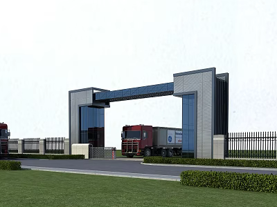 Modern Entrance Gate With Gray Pillars Blue Beam Red Truck White Fence And Green Lawn 3d model