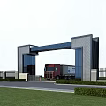 Modern Entrance Gate With Gray Pillars Blue Beam Red Truck White Fence And Green Lawn