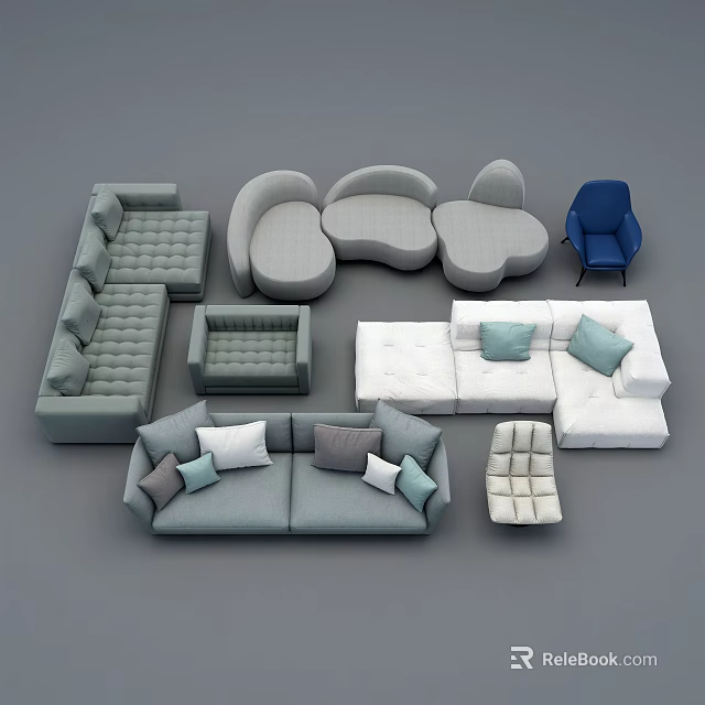 Modern Modular Sofa Set With Gray White Blue Hues And Soft Comfortable Cushions 3d model
