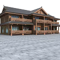 Ancient Chinese Wooden Architecture Two Story Structure With Black Tiled Roof And Balconies