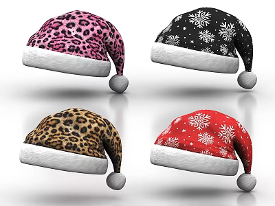 Colorful Santa Hats With Leopard Print And Snowflake Patterns White Trim Pom Poms 3d model
