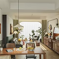 Modern Living and Dining Room Interior With Sofa Dining Table Plants Pendant Light And Decor
