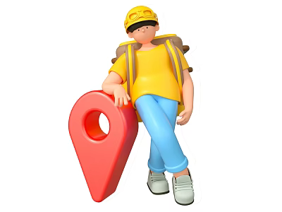 Game and Movie Character Leaning on Red Location Pin Wearing Yellow Helmet Shirt with Backpack 3d model