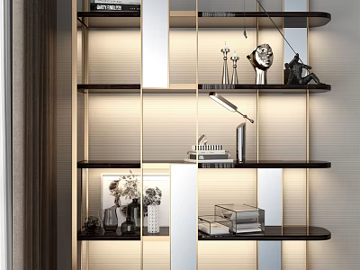 Modern Bookcase Interior Design With Layered Shelves Books Decorative Items And Lighting 3d model