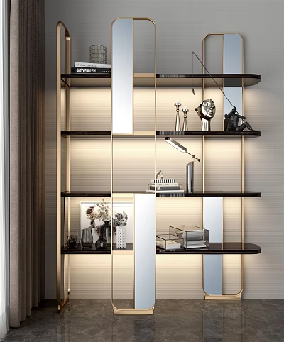 Modern Bookcase Interior Design With Layered Shelves Books Decorative Items And Lighting 3d model