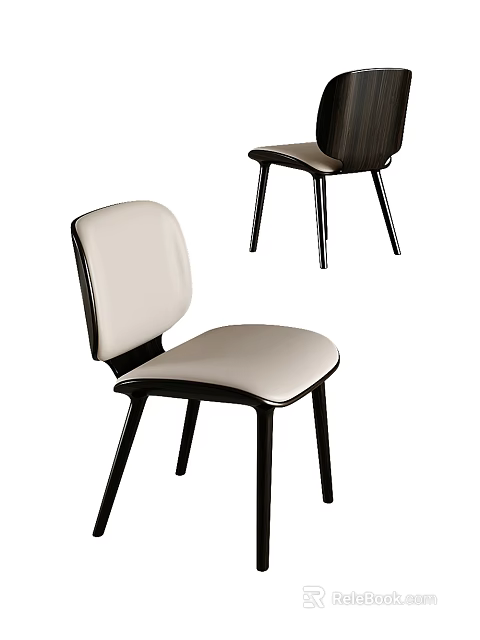 Modern Stylish Dining Chair With White Upholstered Seat And Black Wooden Legs 3d model 