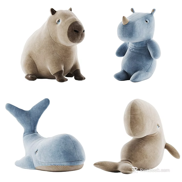 Soft Cute Plush Stuffed Toys With Animal Shapes In Blue And Beige Colors 3d model 