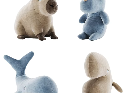 Soft Cute Plush Stuffed Toys With Animal Shapes In Blue And Beige Colors 3d model