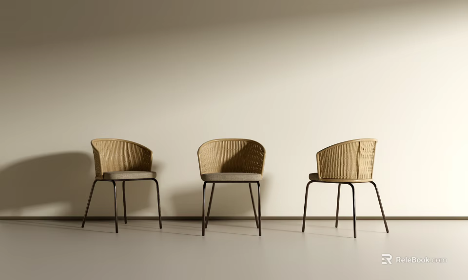 Three Modern Woven Dining Chairs With Black Metal Legs In Light Room 3d model 