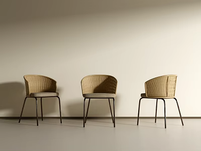 Three Modern Woven Dining Chairs With Black Metal Legs In Light Room 3d model