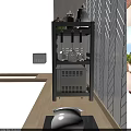 Kitchen Appliances Organized on Multi Tier Shelf With Microwave Oven Toaster and Herringbone Tile Wall