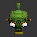Green Cartoon Creature Character With Big Blue Eyes Spiral Nose And Multiple Legs Sculpture