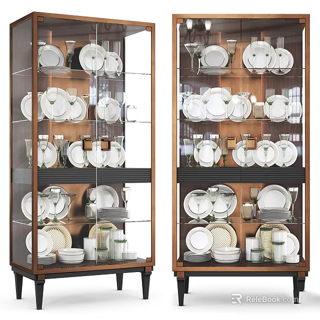 Wooden Storage Cabinet With Glass Doors And Shelves For Kitchen Dishes Plates Cups Bowls 3d model 