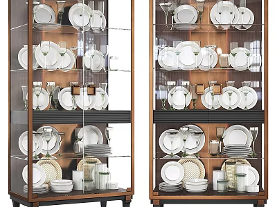 Wooden Storage Cabinet With Glass Doors And Shelves For Kitchen Dishes Plates Cups Bowls 3d model