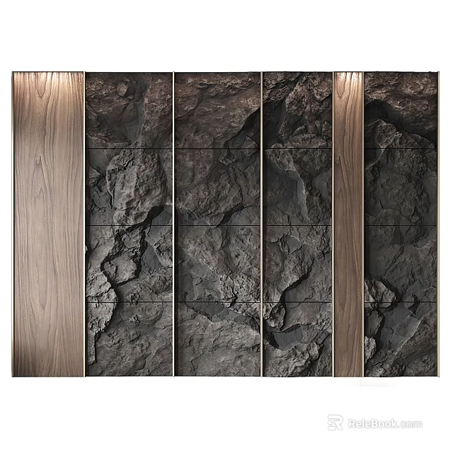 Modern Background Wall With Natural Rock Texture And Wooden Accent Panels 3d model 