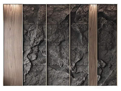Modern Background Wall With Natural Rock Texture And Wooden Accent Panels 3d model