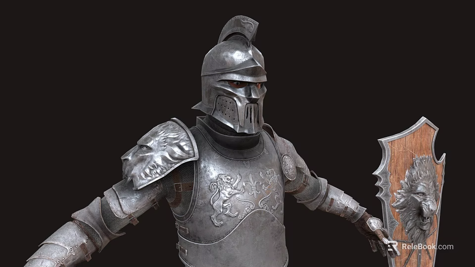 Silver Medieval Armor With Decorative Patterns And Shoulder Guards Holding Shield With Intricate Design 3d model 