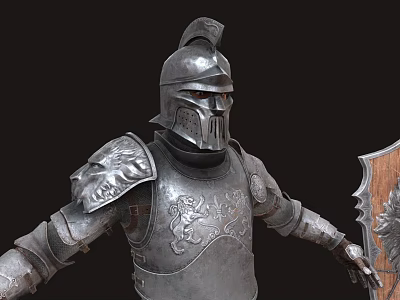 Silver Medieval Armor With Decorative Patterns And Shoulder Guards Holding Shield With Intricate Design 3d model