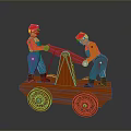 Colorful Wooden Toy With Worker Figures Red Hats Orange Shirts Blue Pants And Wheeled Base