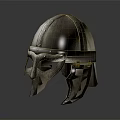 Medieval Style Metallic Helmet With Decorative Face Visor And Neck Guard Design Details